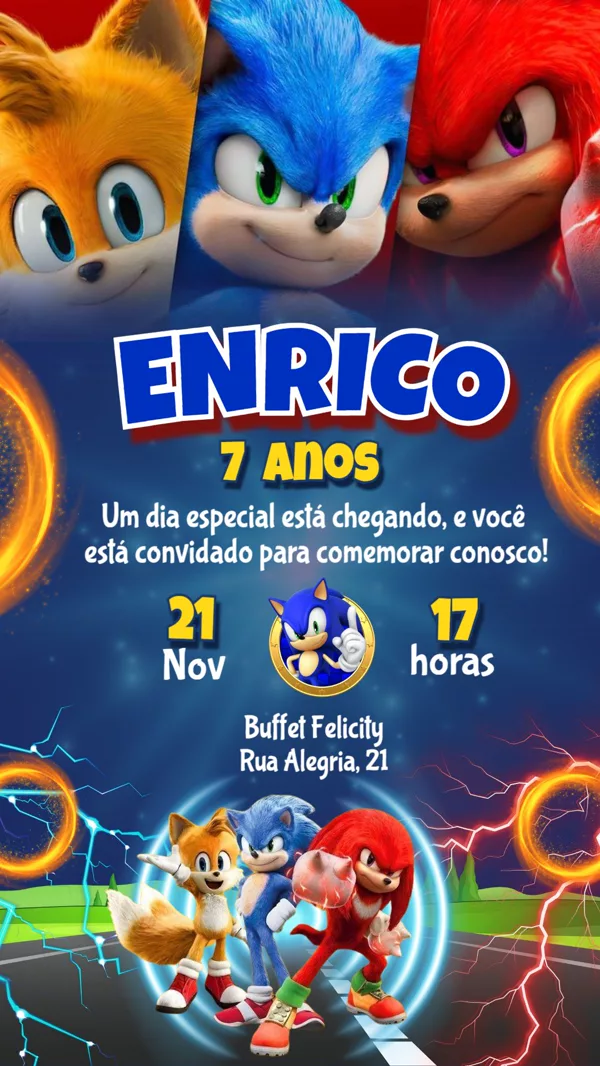 Convite Aniversário Sonic e Amigos Para Editar Online