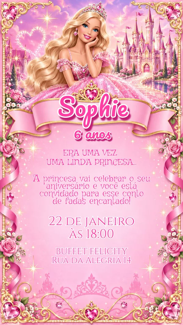 Convite Aniversário Barbie Princesa Castelo Para Editar Online