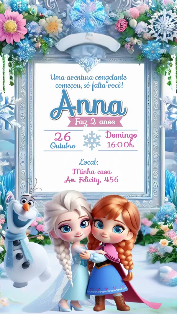 Convite Aniversário Frozen Elsa e Anna Para Editar Online
