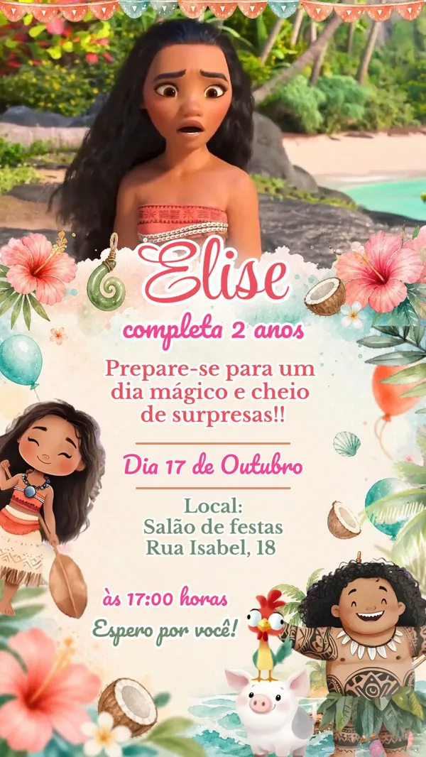 Convite Animado Aniversário Moana Praia Tropical Para Editar Online