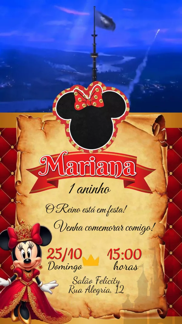 Convite Animado Aniversário Minnie Realeza Para Editar Online