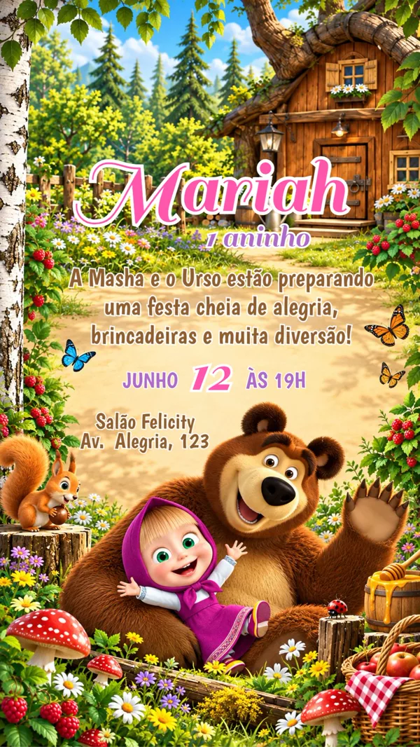 Convite Aniversário Masha e o Urso Infantil Para Editar Online