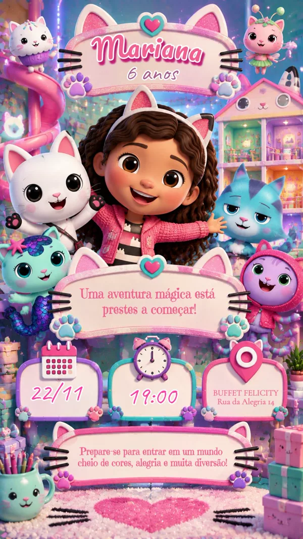 Convite Aniversário Gabby's Dollhouse Rosa Para Editar Online