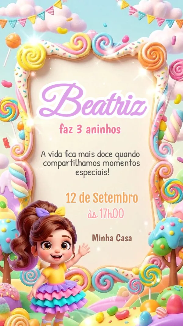 Convite Animado Aniversário Doces Colorido Menina Para Editar Online