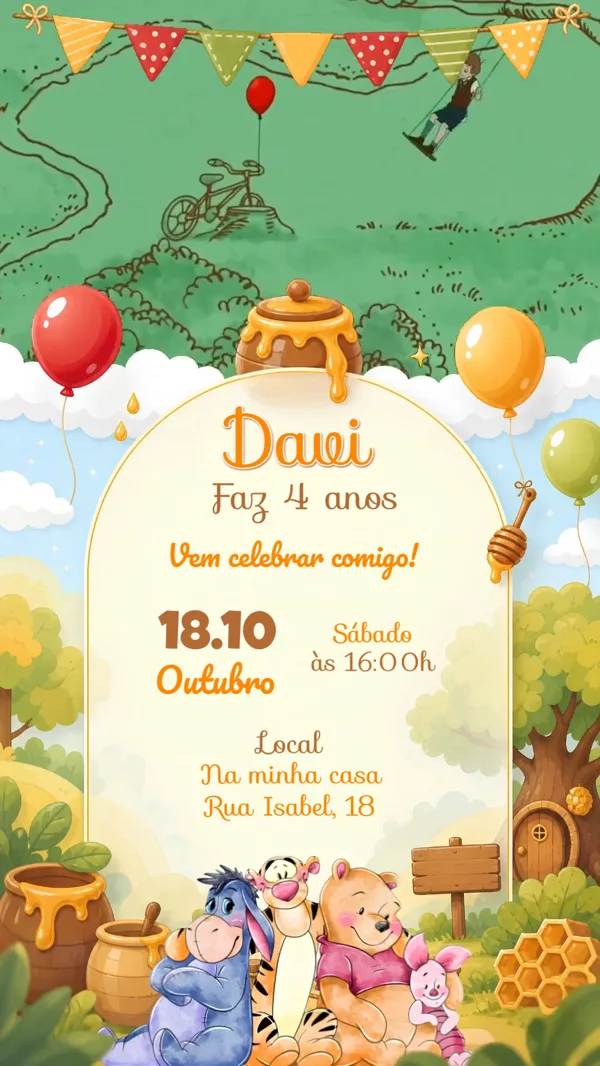 Convite Animado Aniversário Ursinho Pooh Verde Mel Para Editar Online