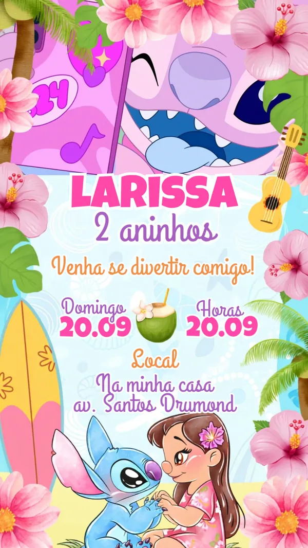 Convite Animado Aniversário Lilo e Stitch Praia Para Editar Online