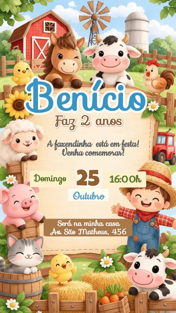 Convite Animado Aniversário Fazendinha Animais Para Editar Online