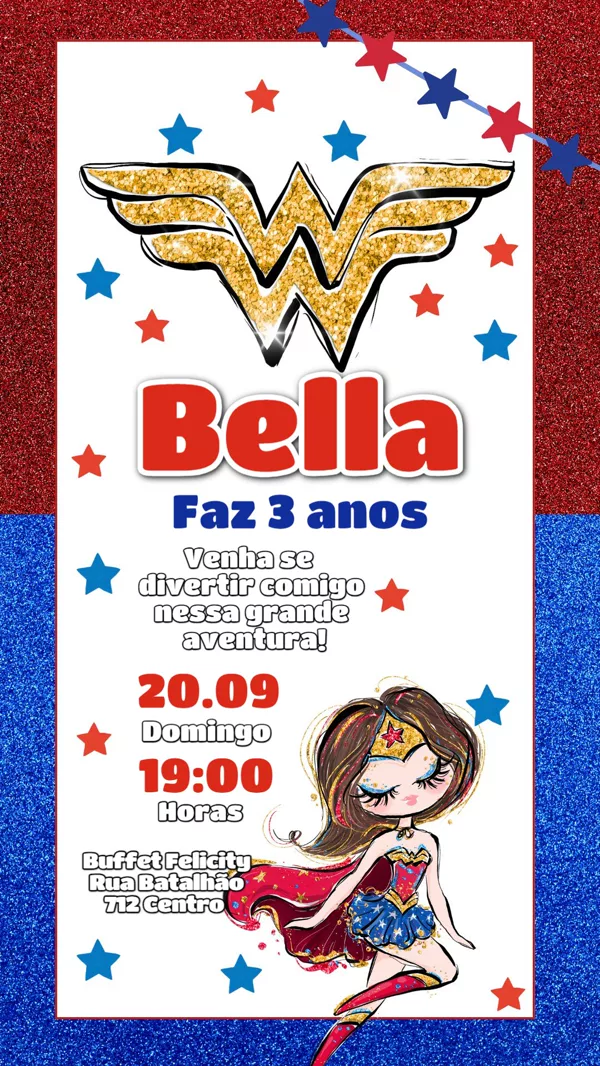 Convite Aniversário Mulher Maravilha Chibi Para Editar Online