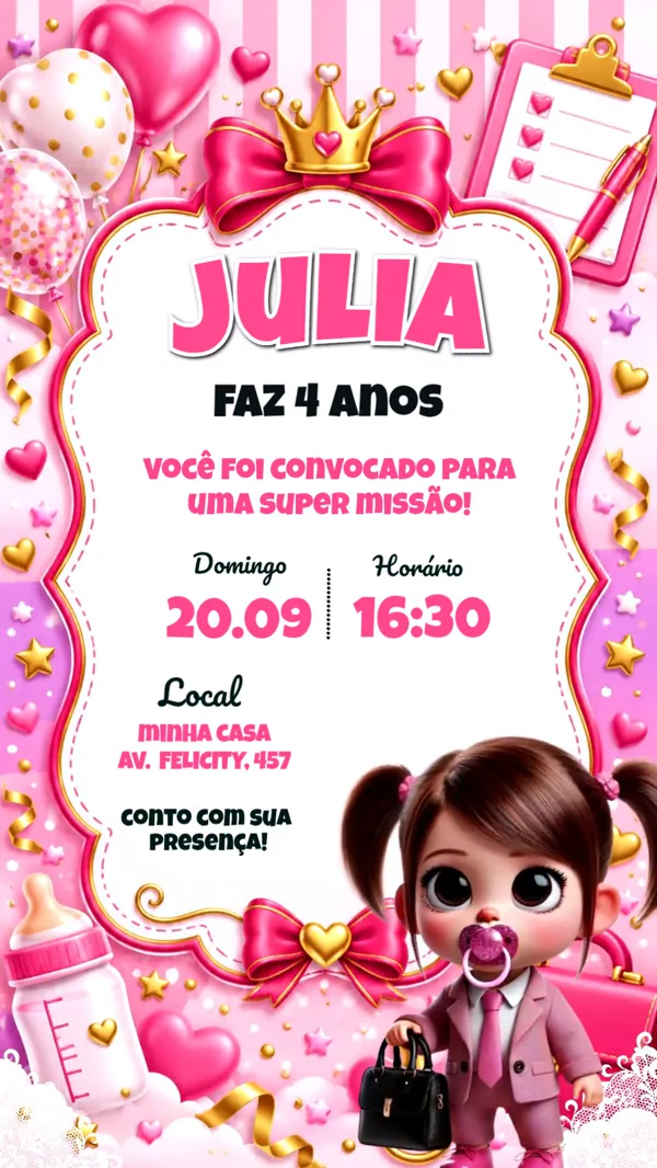 Convite Animado Aniversário Poderosa Chefinha Rosa Para Editar Online