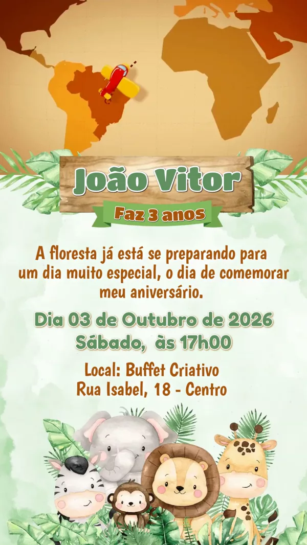 Convite Animado Aniversário Safari Animais Para Editar Online
