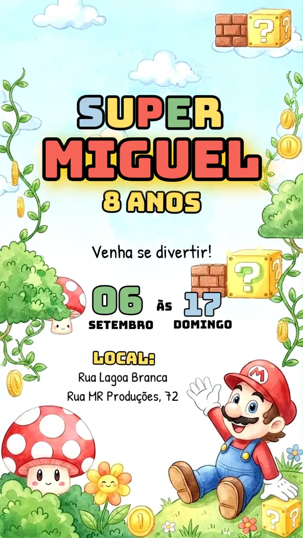 Convite Aniversário Super Mario Para Editar Online