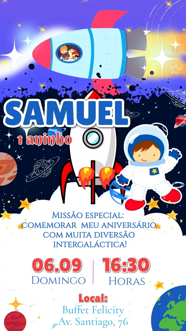 Convite Animado Aniversário Astronauta Azul Para Editar Online