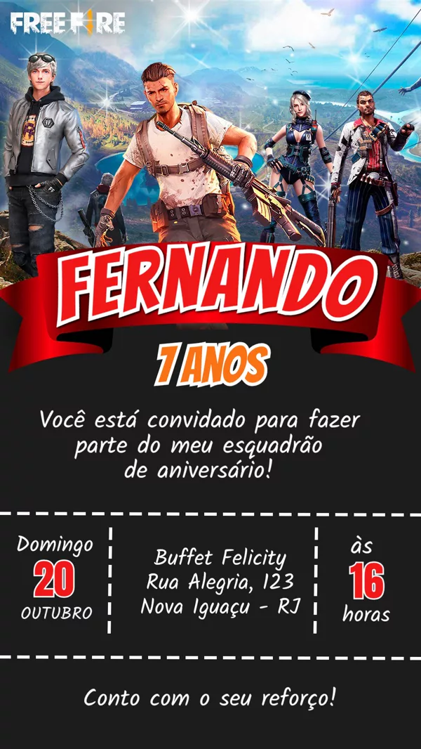 Convite Aniversário Free Fire Esquadrão Para Editar Online