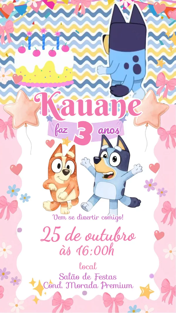Convite Animado Aniversário Bluey Rosa Para Editar Online