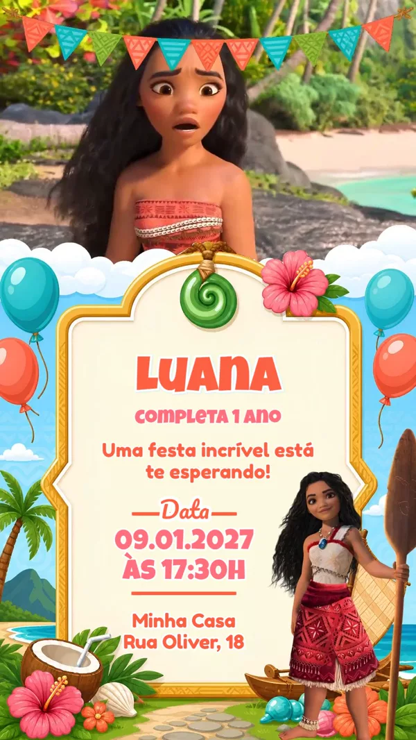 Convite Animado Aniversário Moana Praia Tropical Para Editar Online