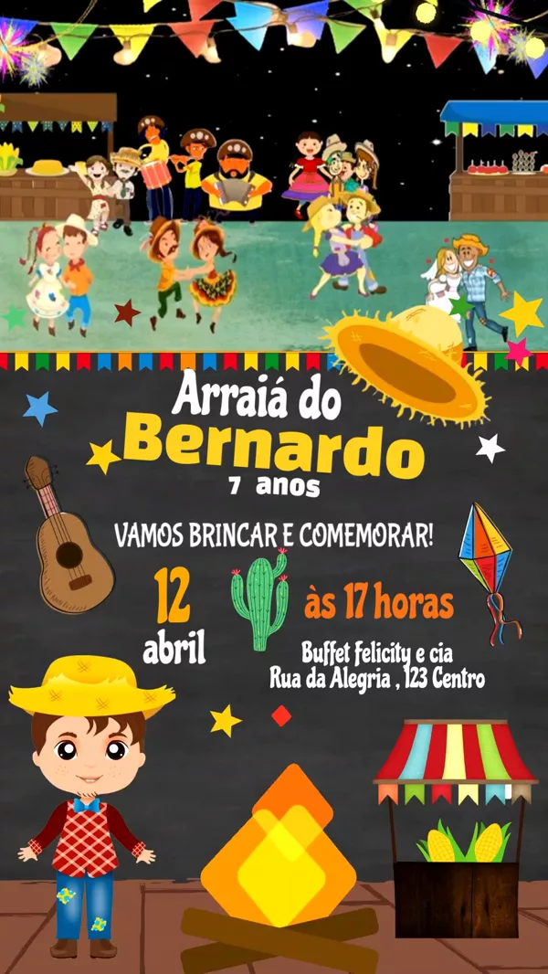 Convite Animado Aniversário Festa Junina Fogueira Para Editar Online