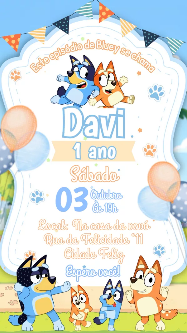 Convite Aniversário Bluey Aquarela Para Editar Online