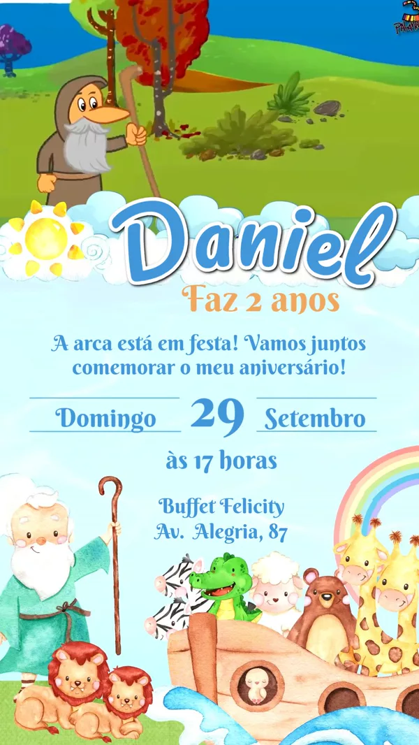 Convite Animado Aniversário Arca Noé Animais Para Editar Online