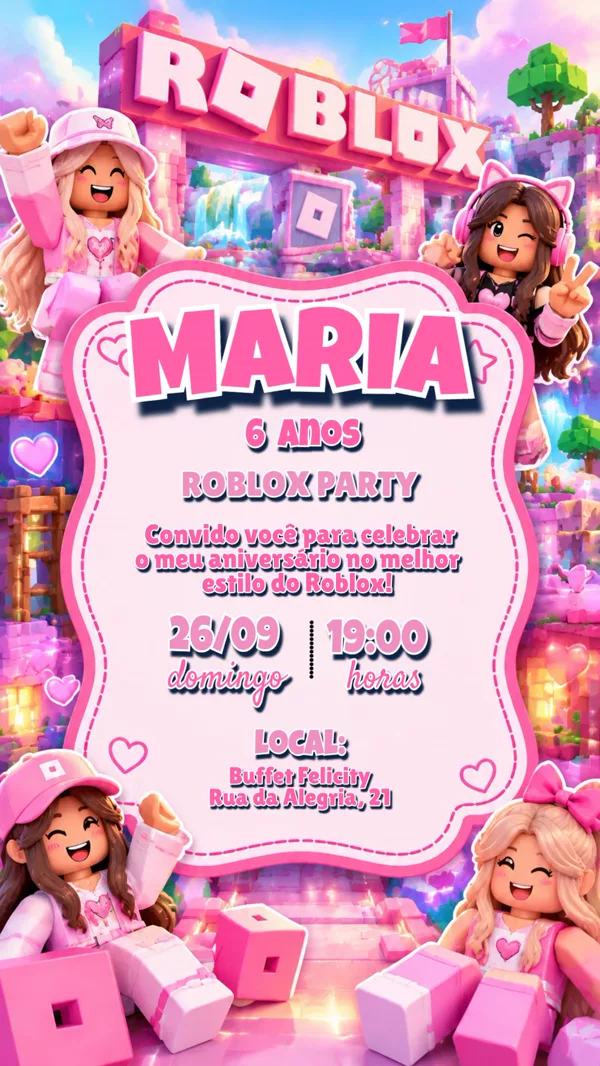 Convite Aniversário Roblox Rosa Menina Para Editar Online