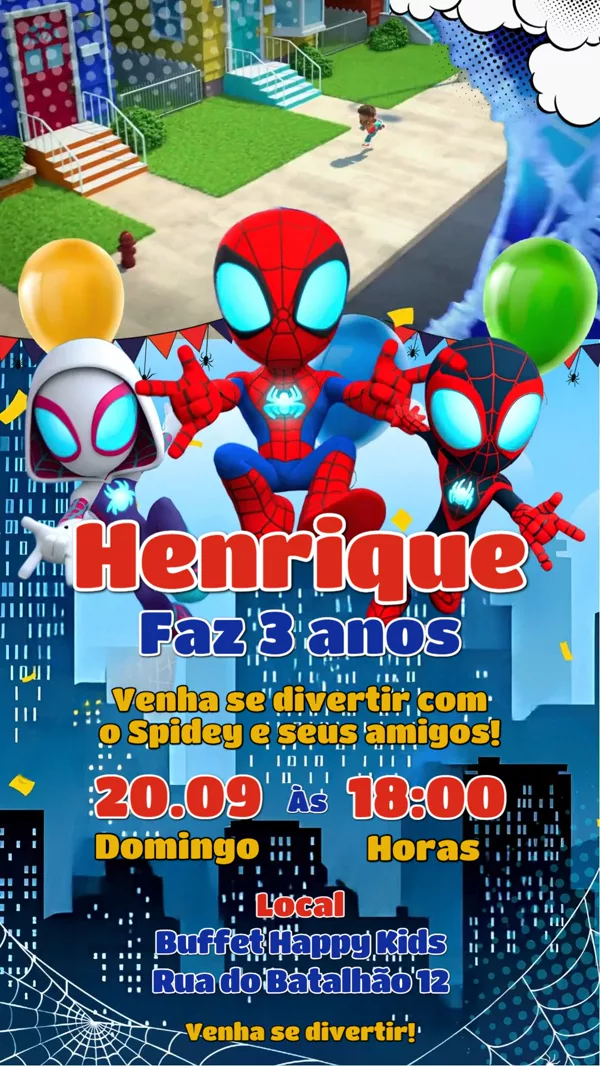 Convite Animado Aniversário Spidey e Amigos Para Editar Online