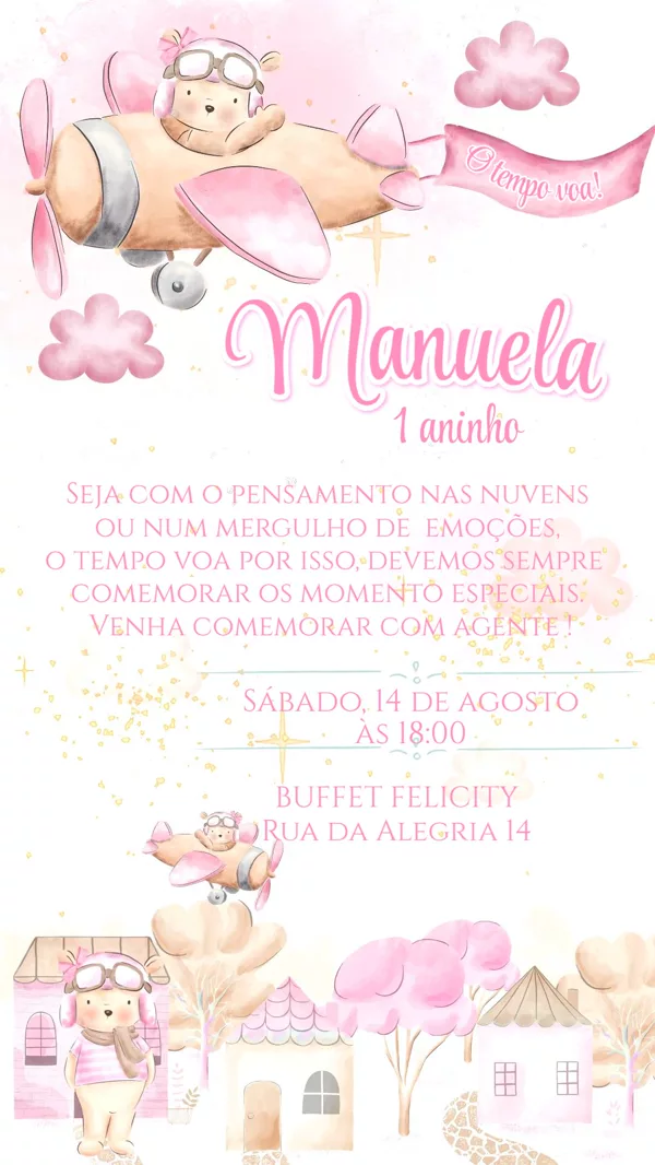 Convite Animado Aniversário Aviãozinho Rosa Para Editar Online