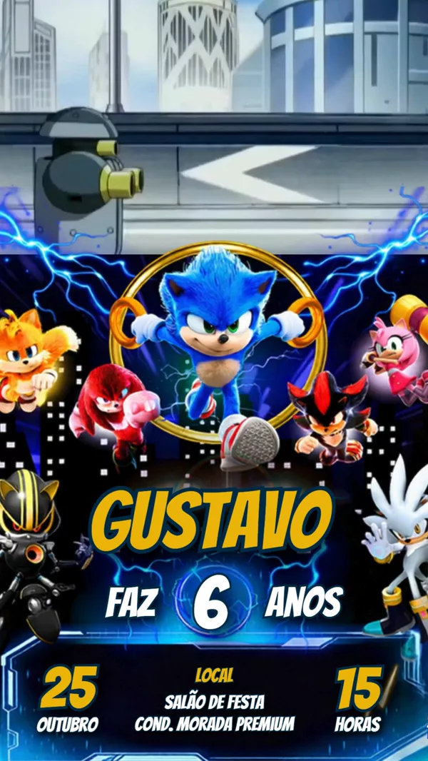 Convite Animado Aniversário Super Sonic Para Editar Online