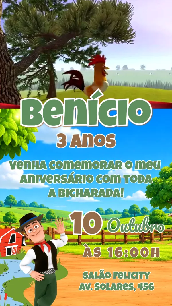 Convite Animado Aniversário Fazenda Galo Zenon Para Editar Online