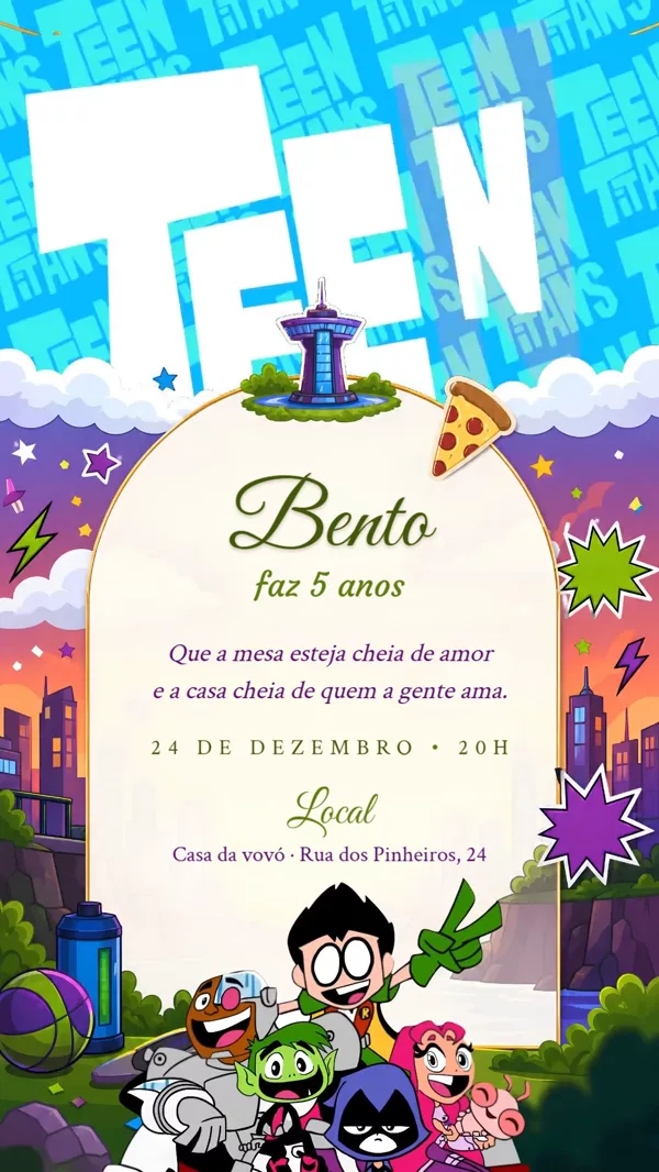 Convite Animado Aniversário Teen Titans Verde Para Editar Online