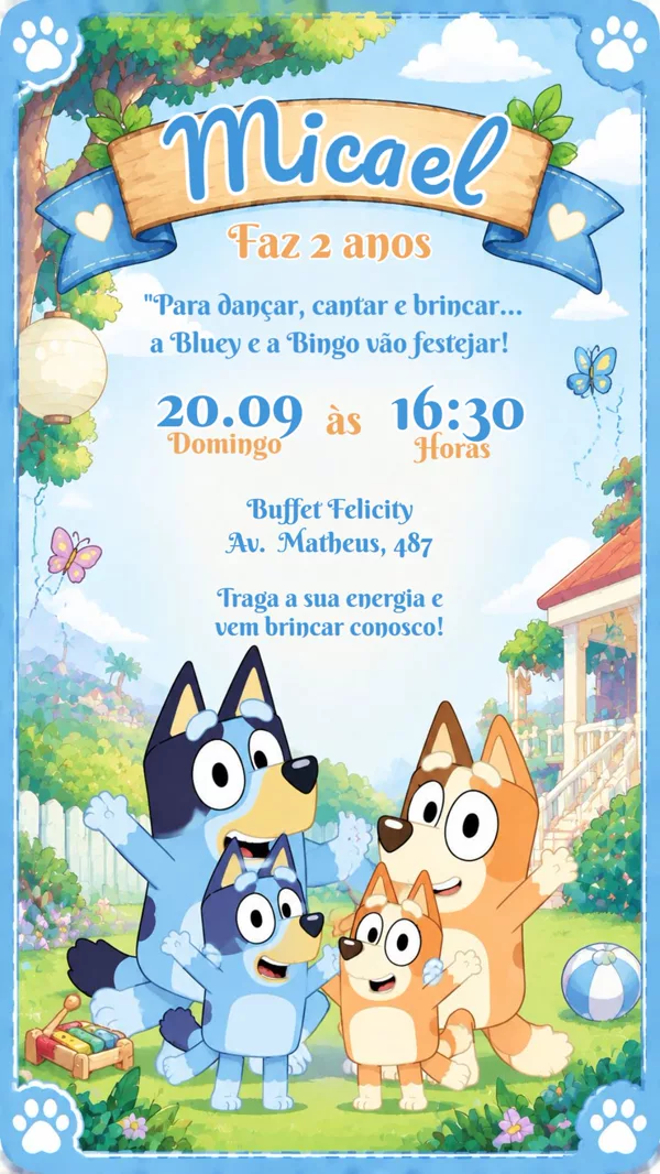 Convite Aniversário Bluey Jardim Família Para Editar Online