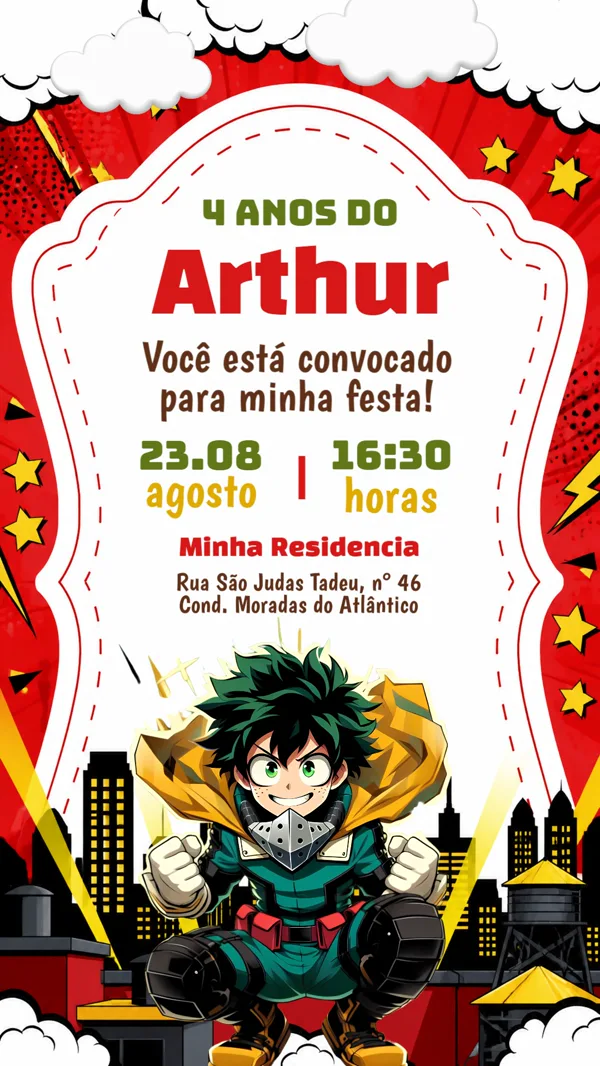 Convite Aniversário My Hero Academia Deku Para Editar Online