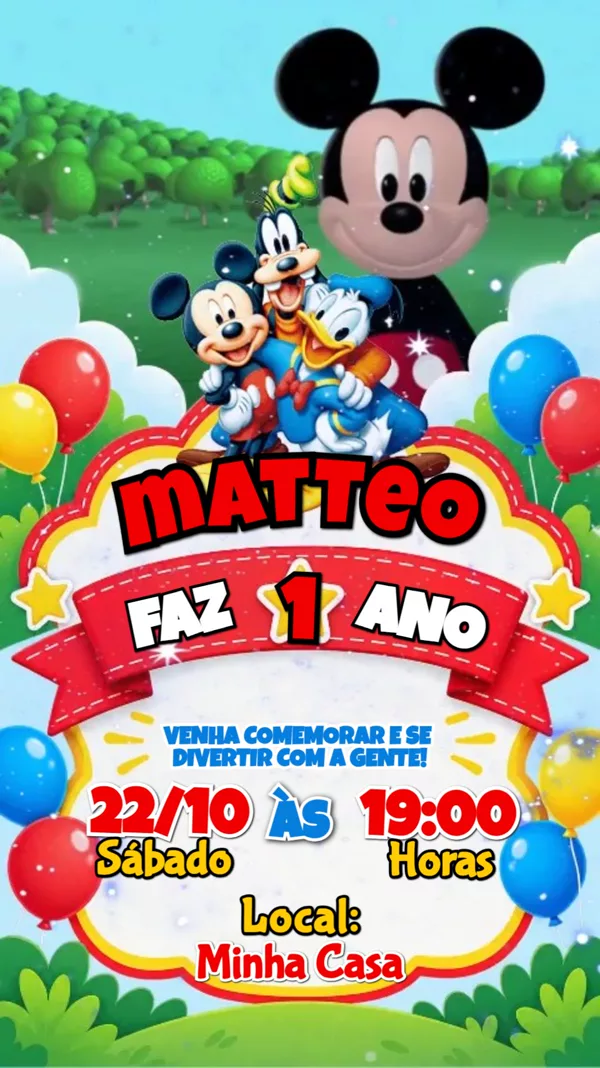 Convite Animado Aniversário Mickey Turma Disney Para Editar Online