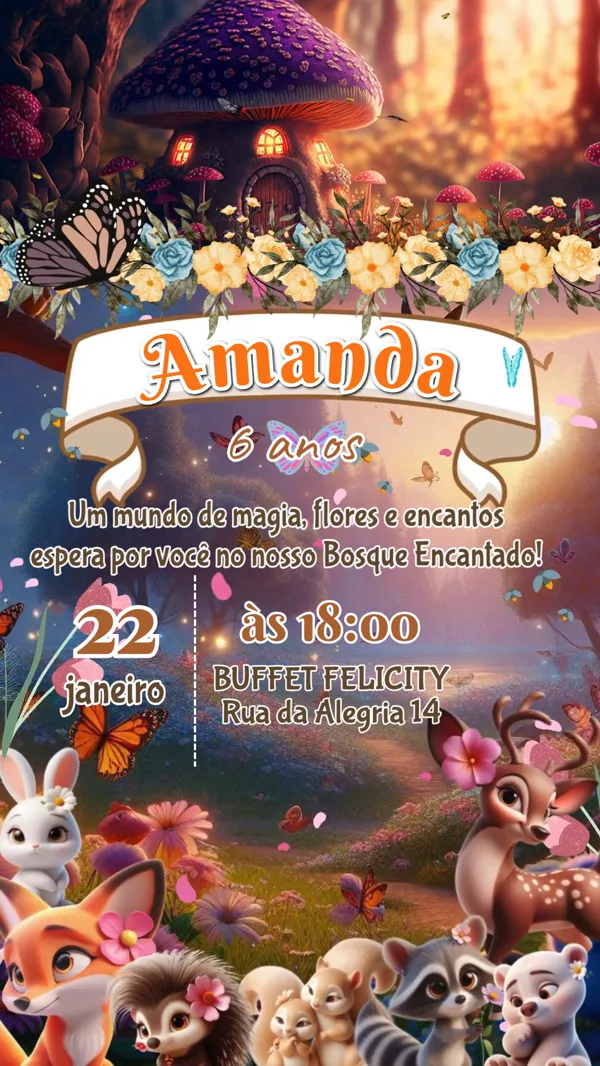 Convite Animado Aniversário Bosque Encantado Para Editar Online