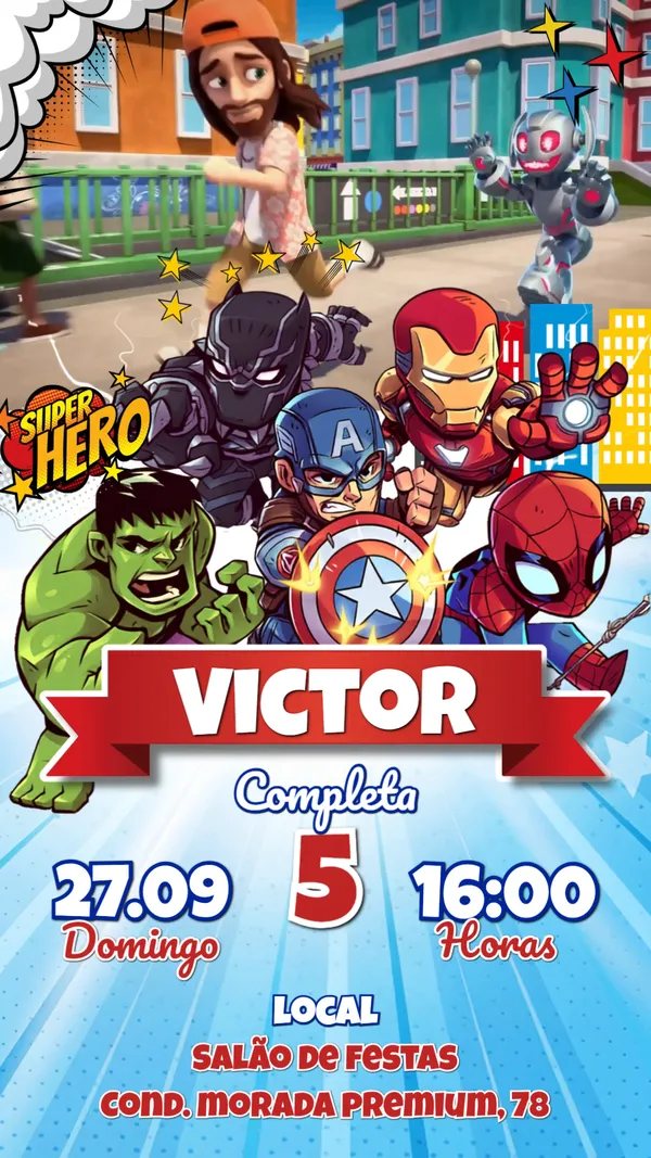 Convite Animado Aniversário Vingadores Baby Herói Para Editar Online