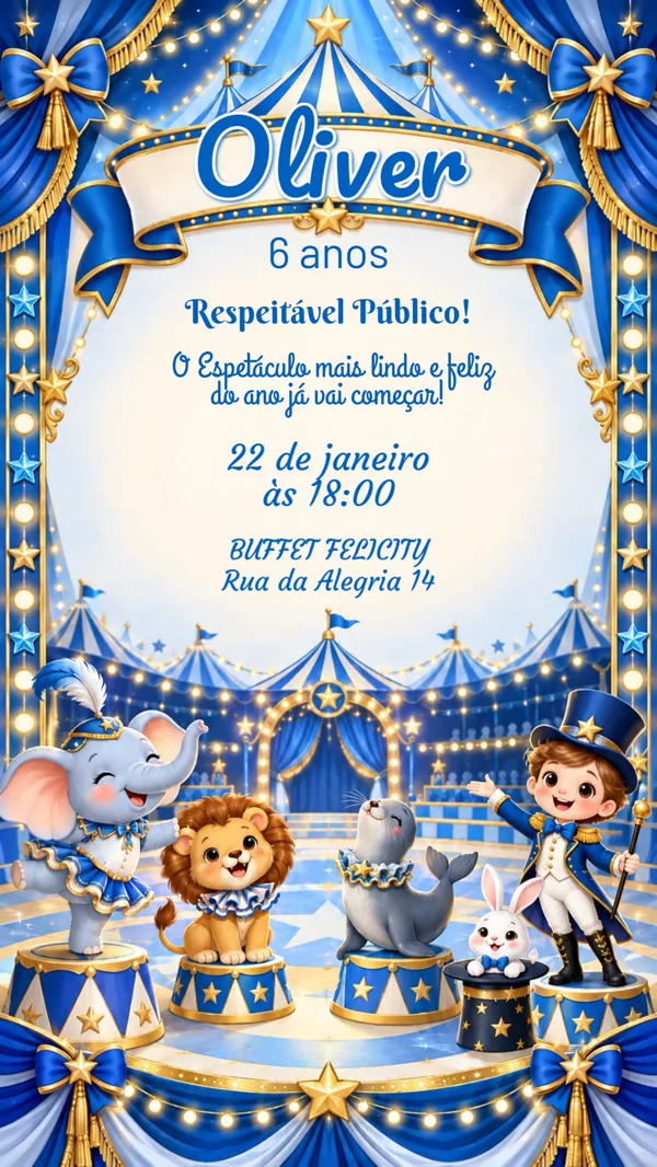 Convite Aniversário Circo Azul Dourado Para Editar Online