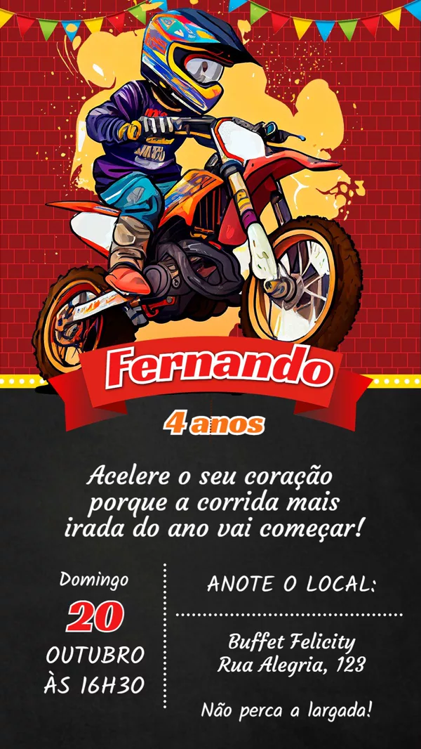 Convite Aniversário Motocross Vermelho Para Editar Online
