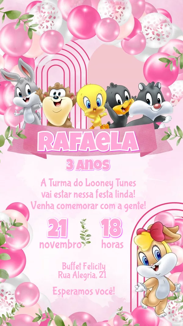 Convite Aniversário Baby Looney Tunes Rosa Para Editar Online