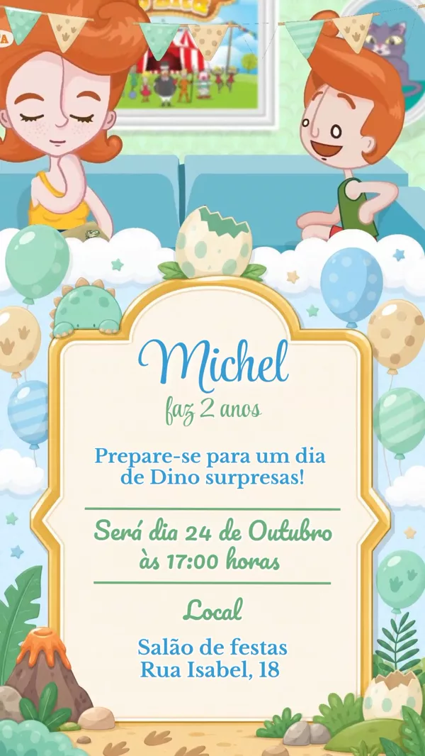 Convite Animado Aniversário Dino Baby Ovo Para Editar Online