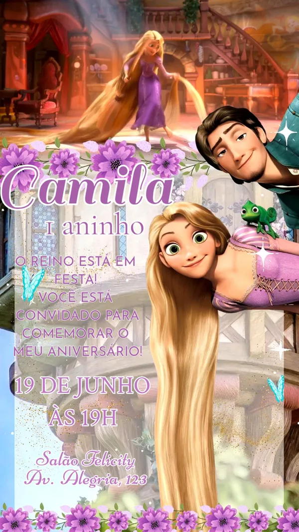 Convite Animado Aniversário Rapunzel Castelo Para Editar Online