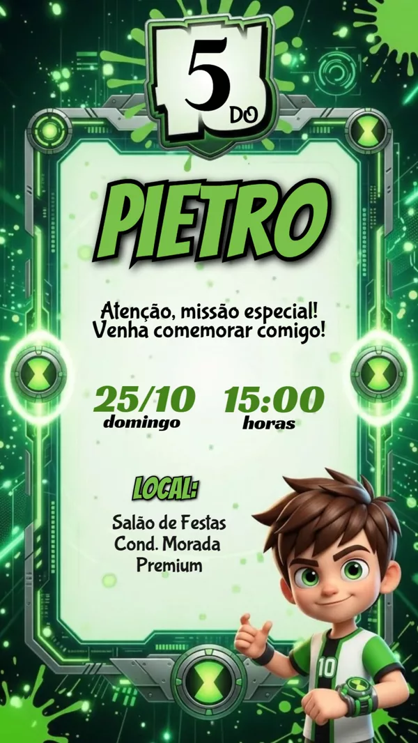 Convite Animado Aniversário Ben 10 Para Editar Online