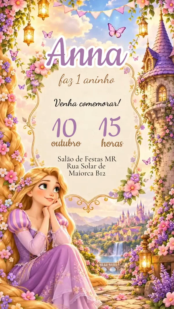 Convite Animado Aniversário Rapunzel Castelo Lilás Para Editar Online