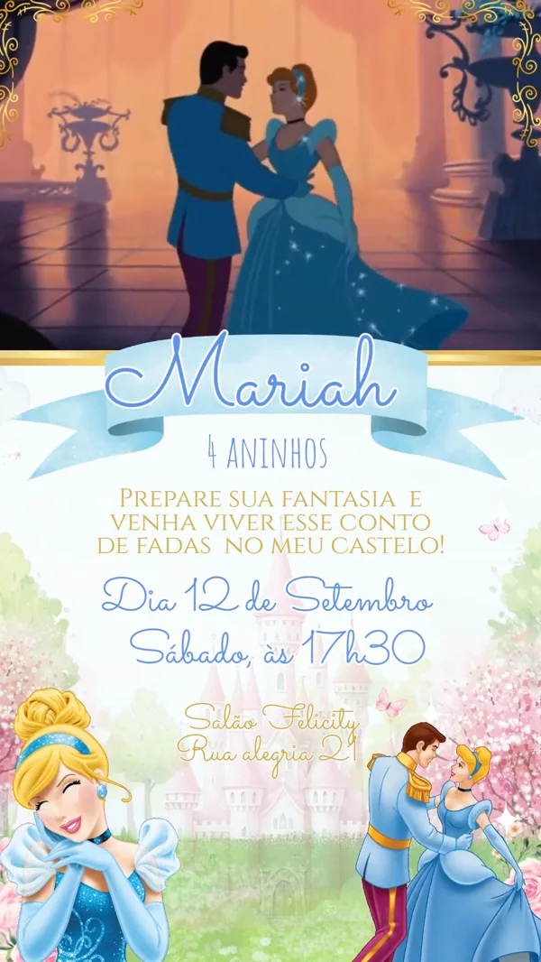 Convite Animado Aniversário Cinderela Para Editar Online