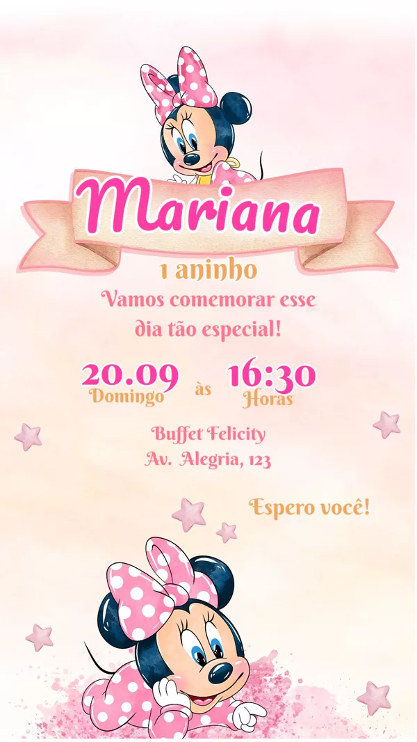Convite Aniversário Minnie Baby Para Editar Online