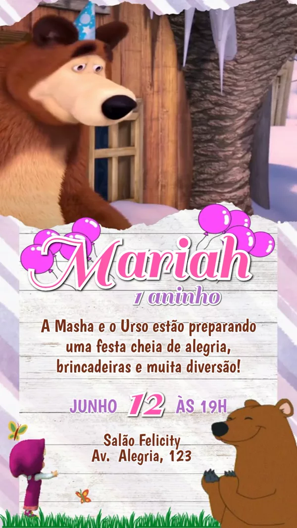 Convite Animado Aniversário Masha e o Urso Para Editar Online