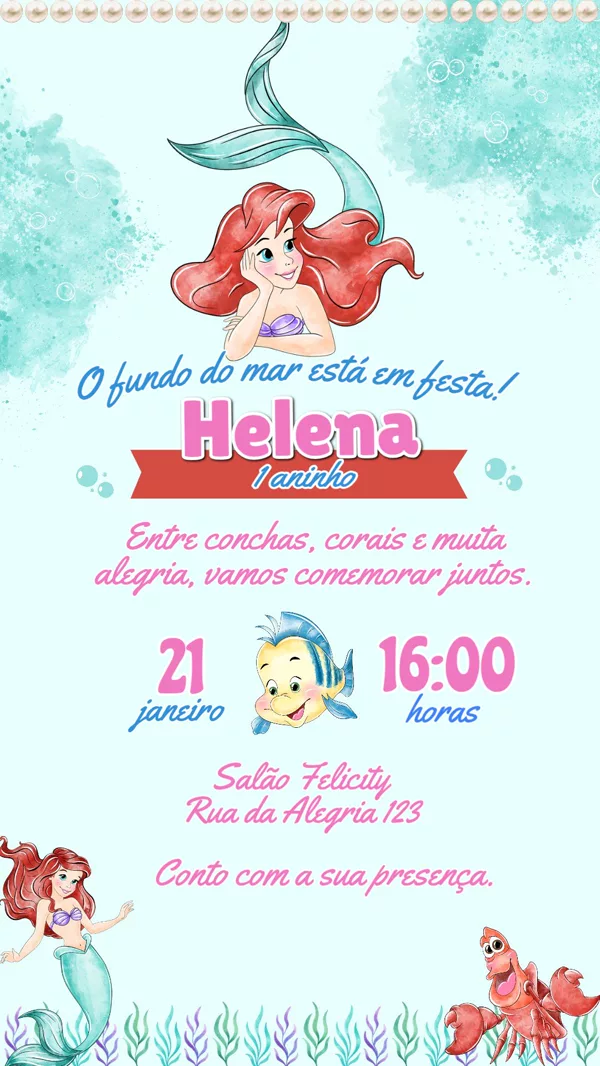 Convite Aniversário Ariel Disney Para Editar Online