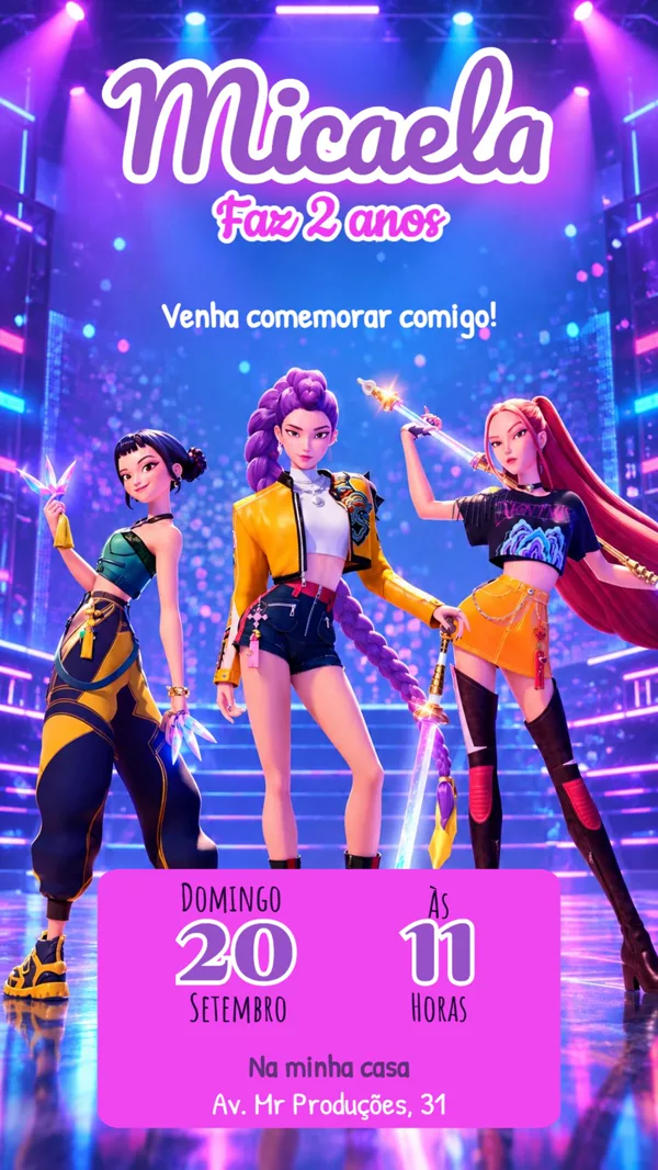 Convite Aniversário Guerreiras do K-Pop Para Editar Online