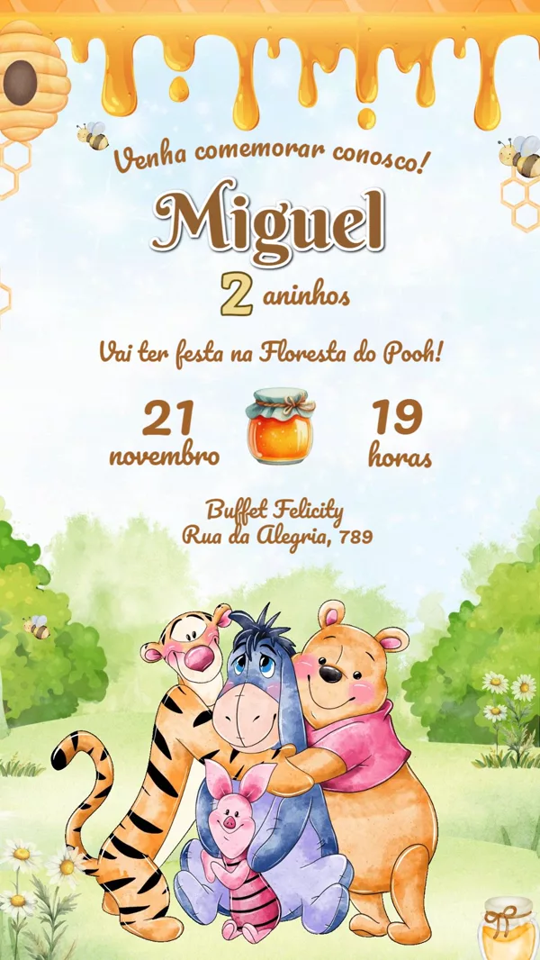 Convite Animado Aniversário Ursinho Pooh Mel Para Editar Online
