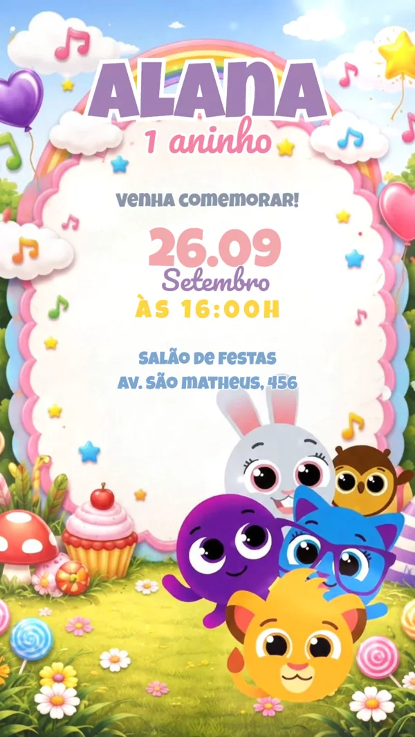 Convite Animado Aniversário Bolofofos Arco-Íris Para Editar Online
