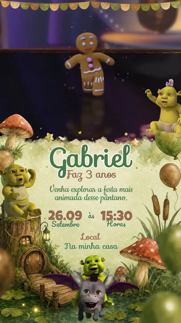 Convite Animado Aniversário Shrek Pântano Para Editar Online