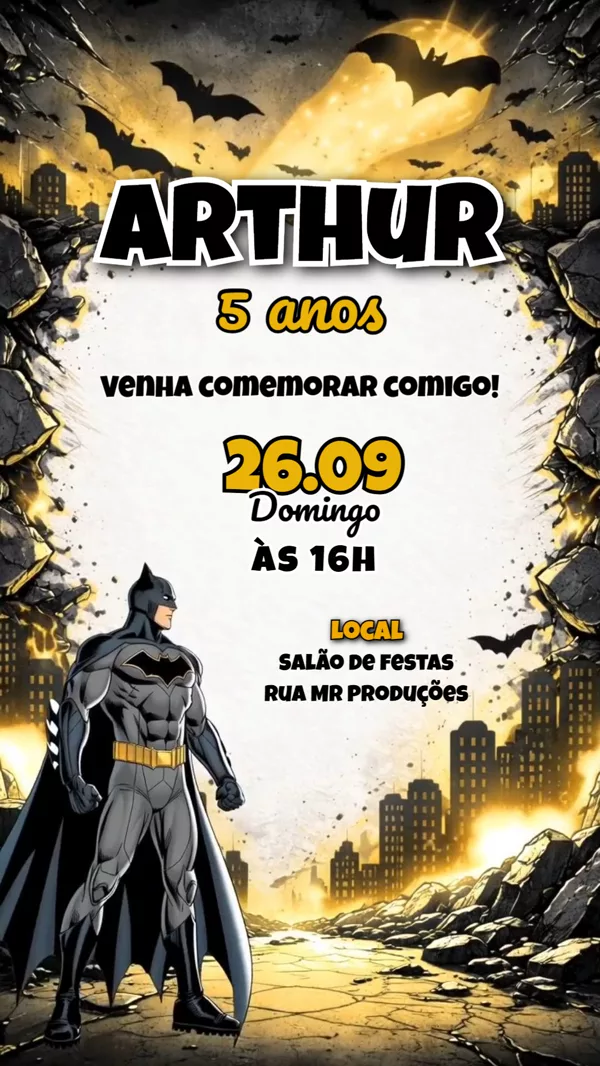Convite Animado Aniversário Batman Cidade Para Editar Online
