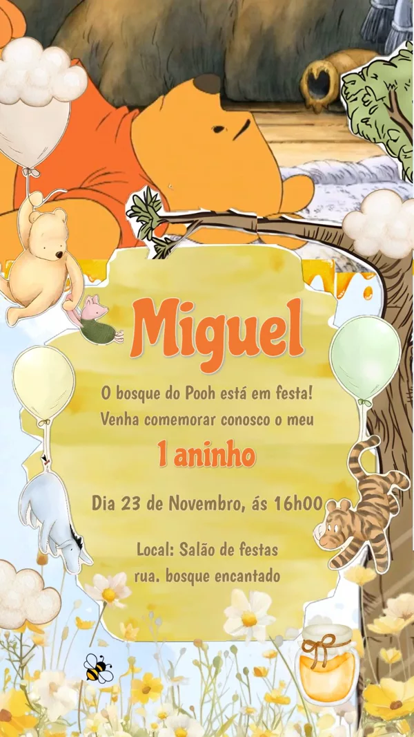 Convite Animado Aniversário Ursinho Pooh Para Editar Online